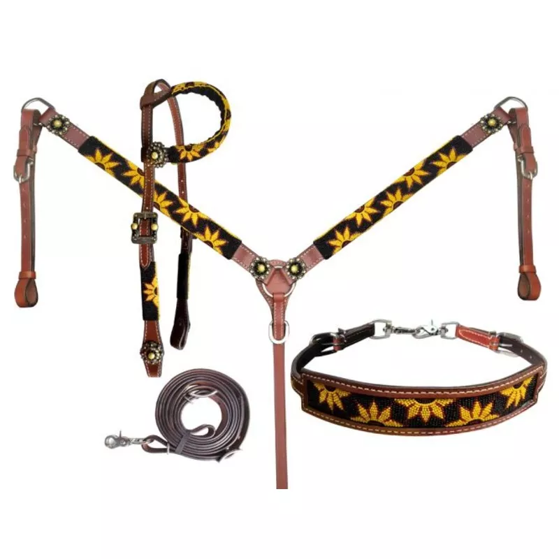 #14247: ShowmanBeaded Sunflower 4 Piece Headstall and Breastcollar Set