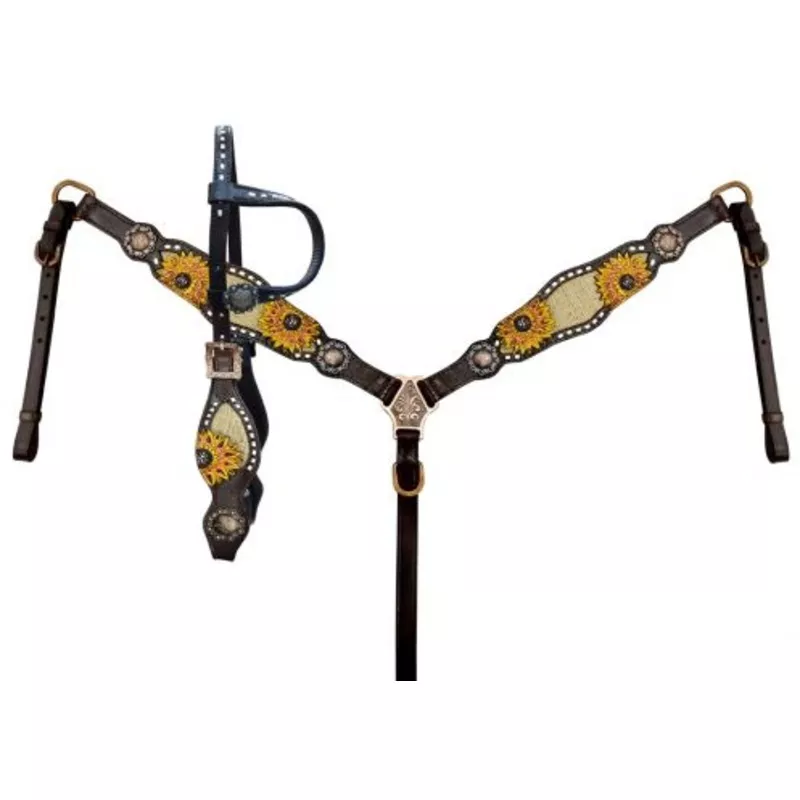 #14398: ShowmanOne Ear Headstall & Breastcollar set w/ burlap inlay with painted sunflower acce