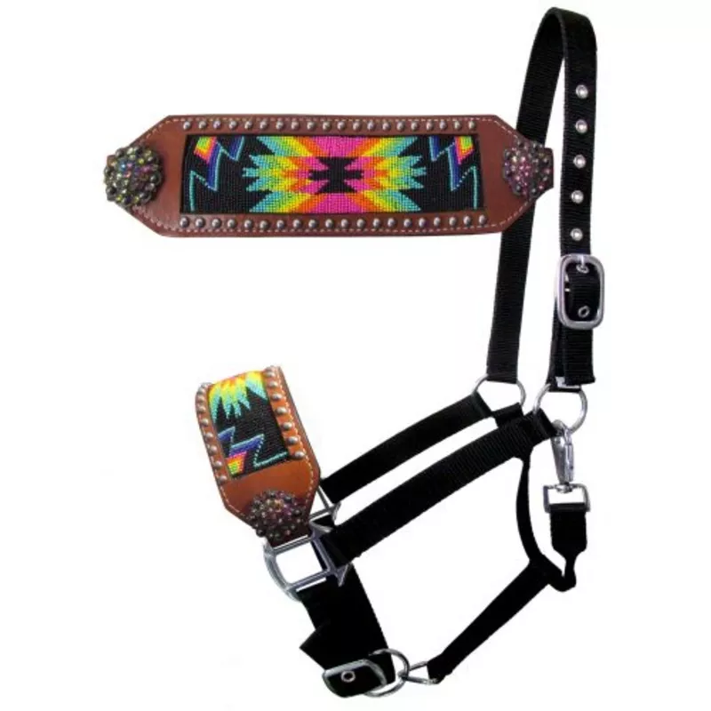 #16552: Showman Nylon bronc halter with rainbow navajo beaded design