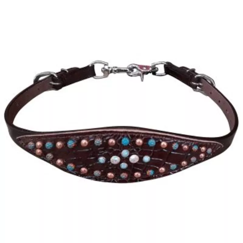 #177667: Showmandark brown gator wither strap turquoise and copper beading