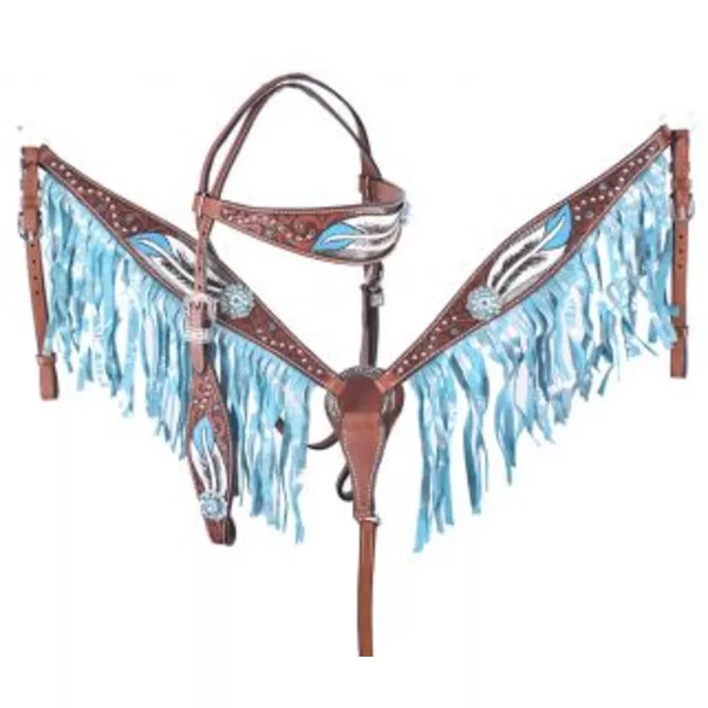 #202526: ShowmanHand painted feather design browband headstall and breast collar set with crysta