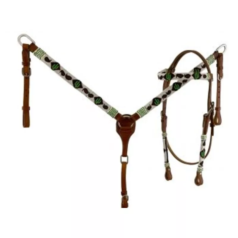 #7006: Showman Medium oilleather browband headstall with beaded cactus design