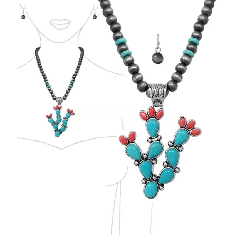 ( M510 )NAVAJO PEARL AND CACTUS PENDANT NECKLACE SET